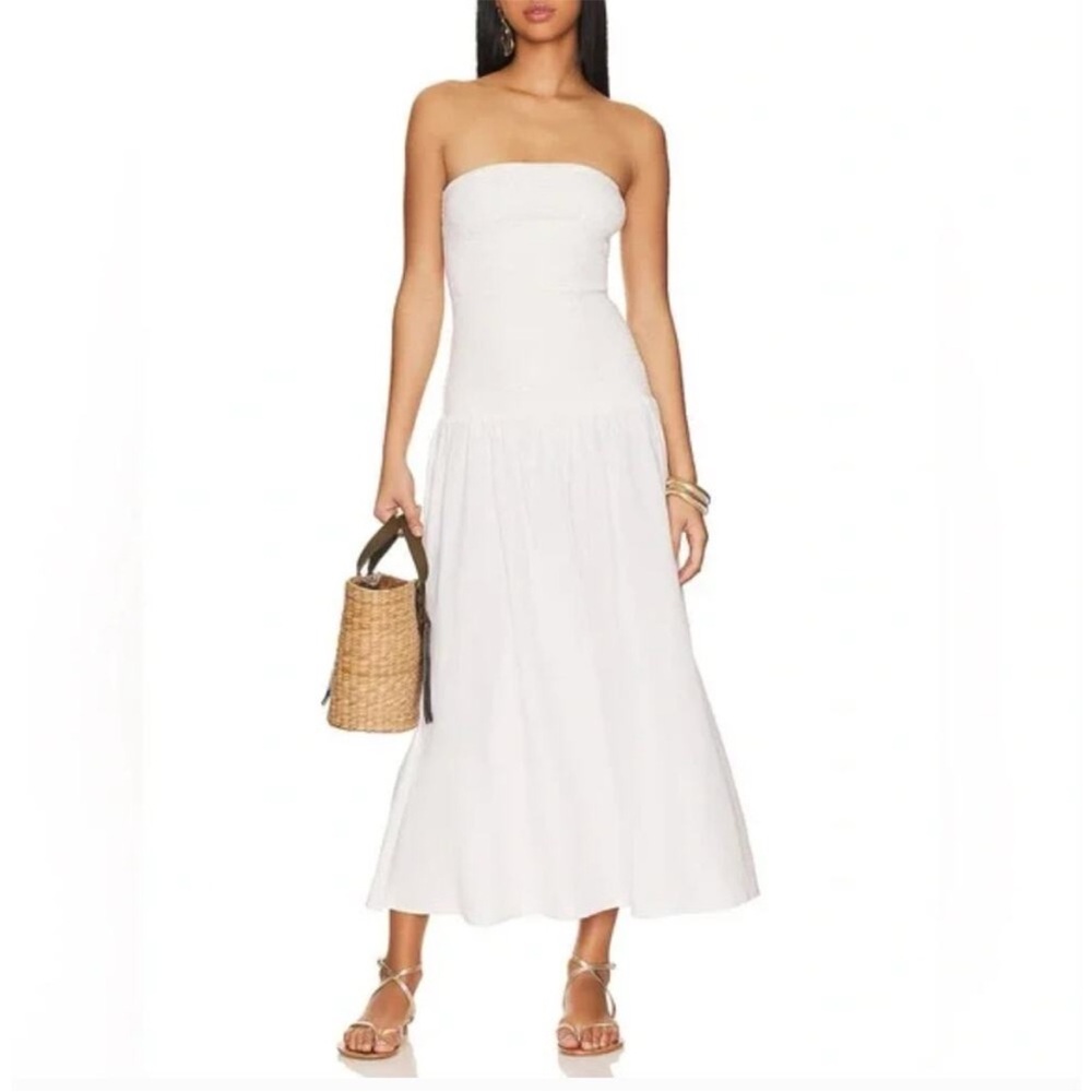 L*SPACE Lila Maxi Dress Linen Blend Smocked White Cream xs